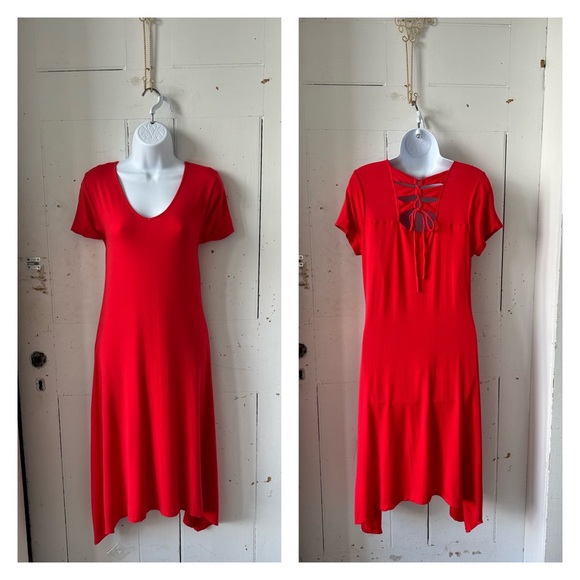 Chico's Laced up Red Stretch Knit Dress Handkerchief Hem - Picture 1 of 10